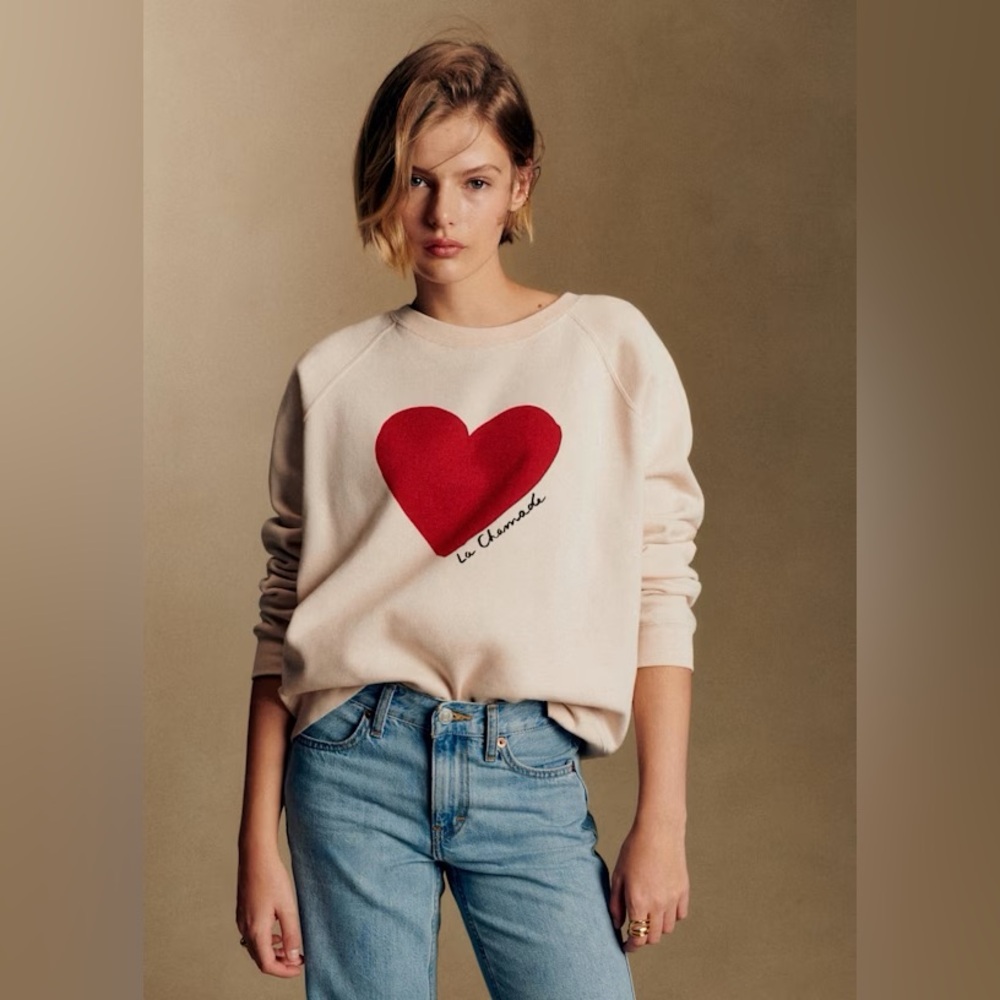 Sezane Cream Red 100% Organic Cotton La Chamade Sweatshirt Small NWOT